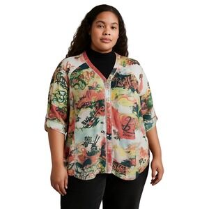 Graffiti Print Button Top 2X V Neck Street Luxe‎ Art School Blouse Fall 2025